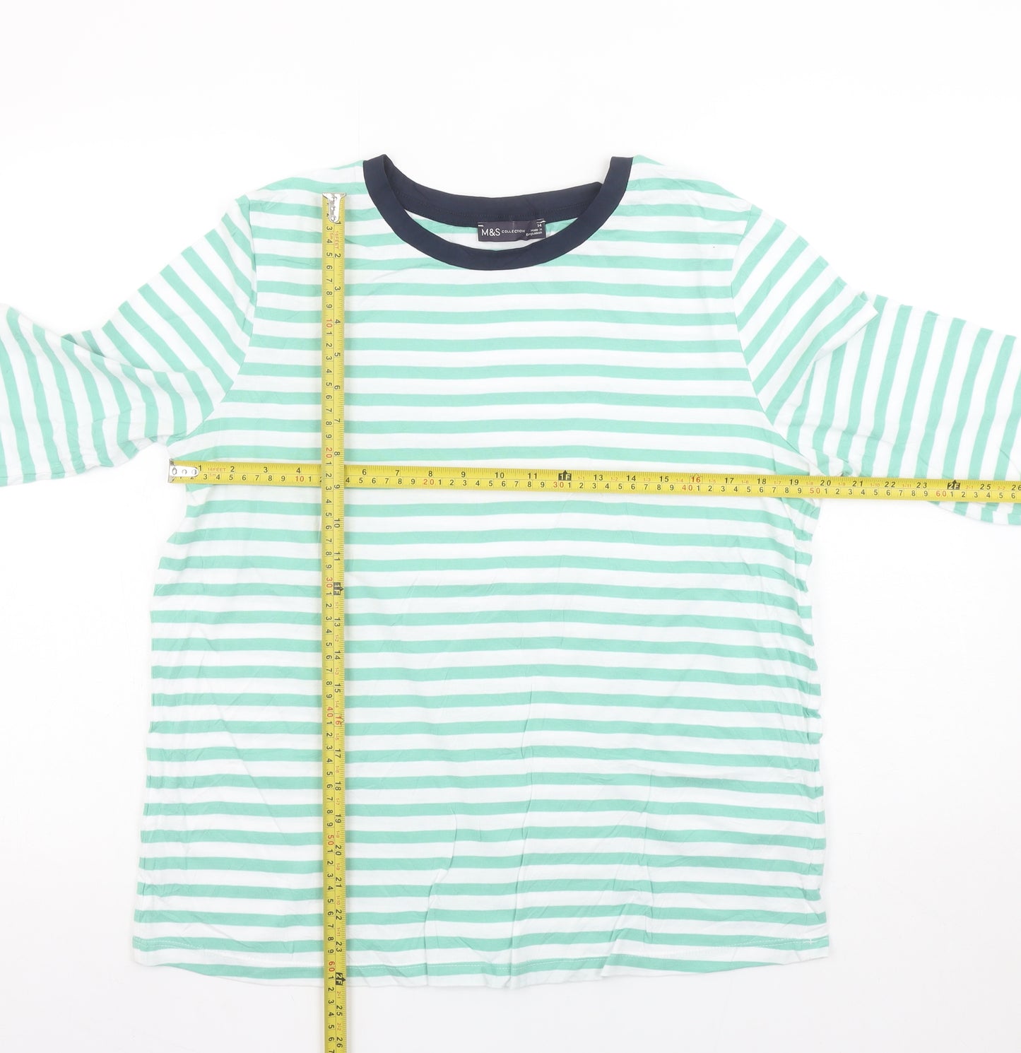 Marks and Spencer Womens Green White Striped Long Sleeve Cotton T-Shirt Size 14