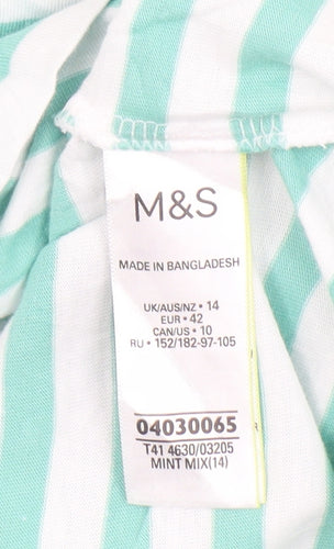 Marks and Spencer Womens Green White Striped Long Sleeve Cotton T-Shirt Size 14