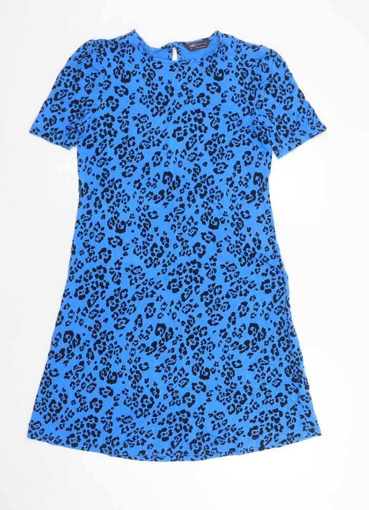 Marks and Spencer Women Blue Animal Print Short Sleeve Shift Dress Size 8
