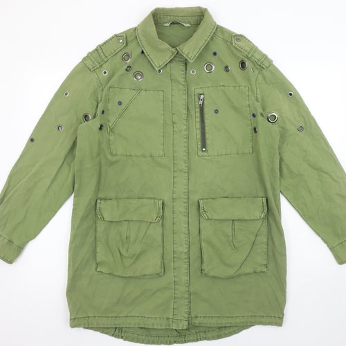 Zara Women Green XS Military Style Studded Cotton Jacket
