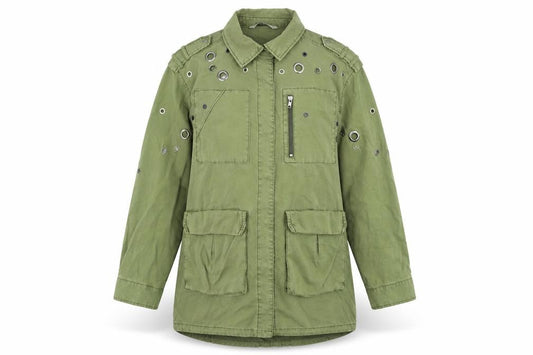 Front view of Zara Women Green XS Military Style Studded Cotton Jacket