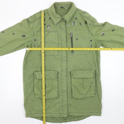 Zara Women Green XS Military Style Studded Cotton Jacket