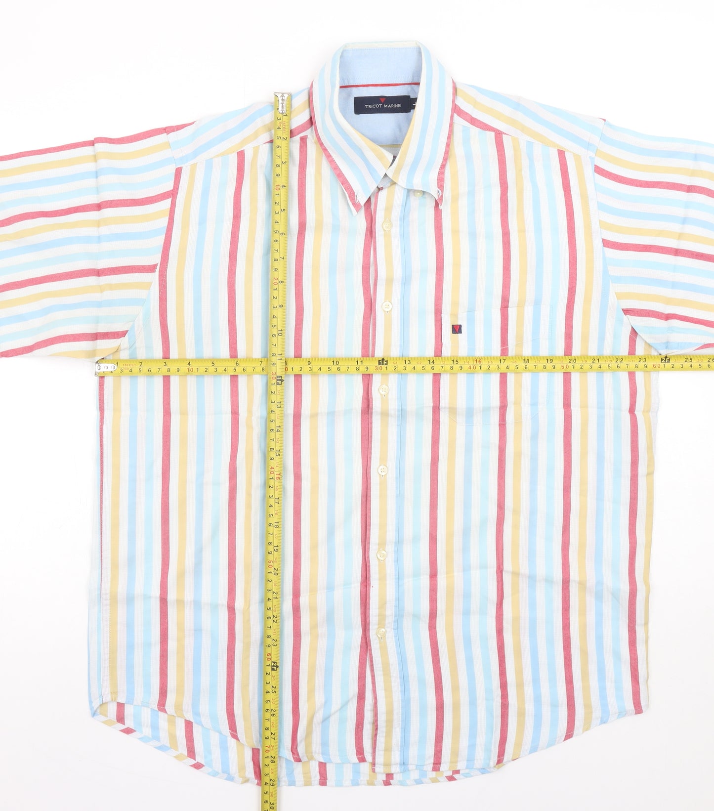 Tricot Marine Men's Multicoloured Striped Short Sleeve Cotton Blend Shirt L