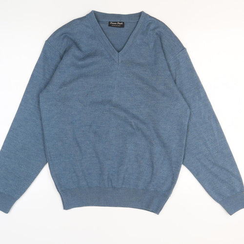 Franco Ponti Mens Blue Wool V-Neck Jumper Size L Classic Knit