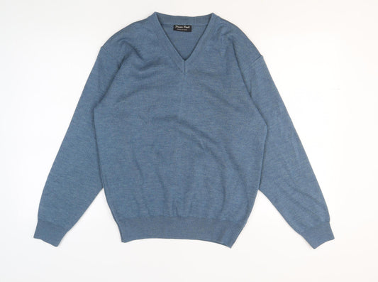 Franco Ponti Mens Blue Wool V-Neck Jumper Size L Classic Knit