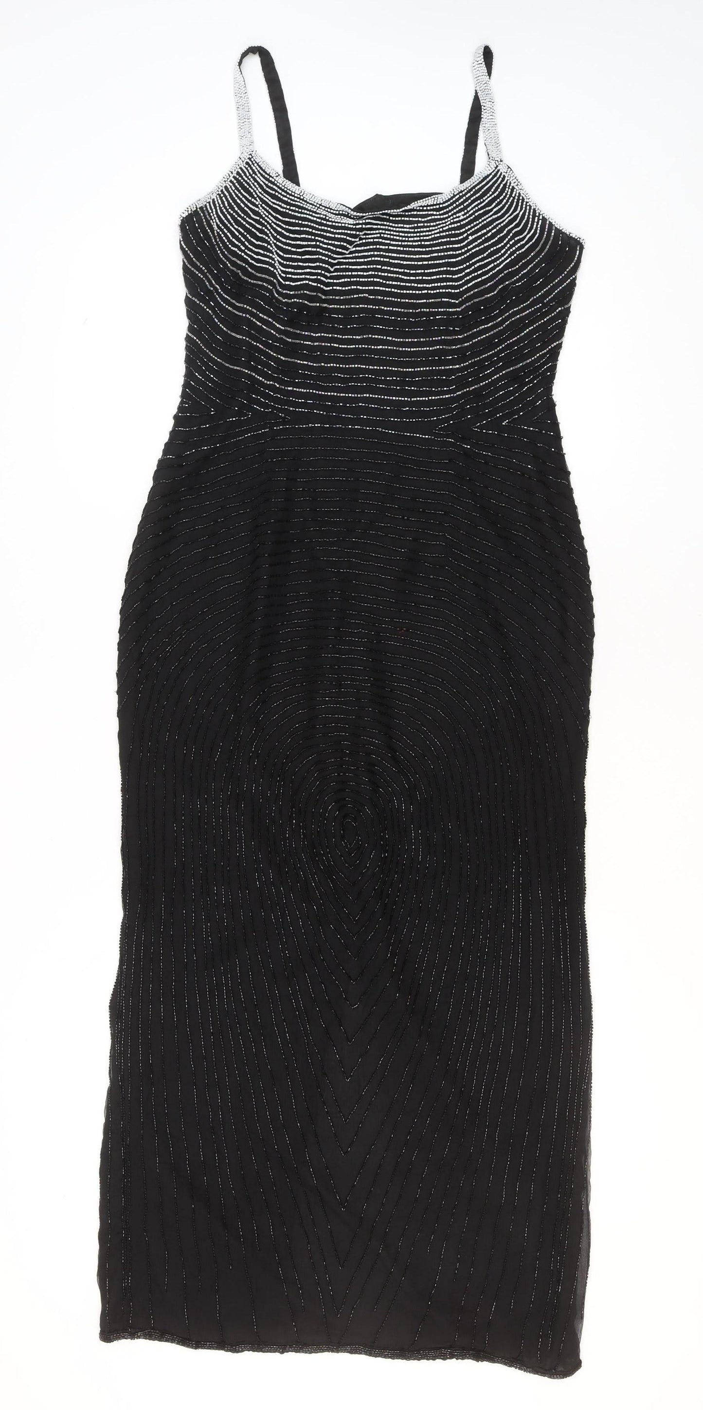 Roots Womens Black Beaded Bodycon Midi Dress Size 10 Elegant Cocktail