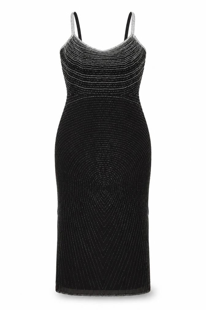 Roots Womens Black Beaded Bodycon Midi Dress Size 10 Elegant Cocktail