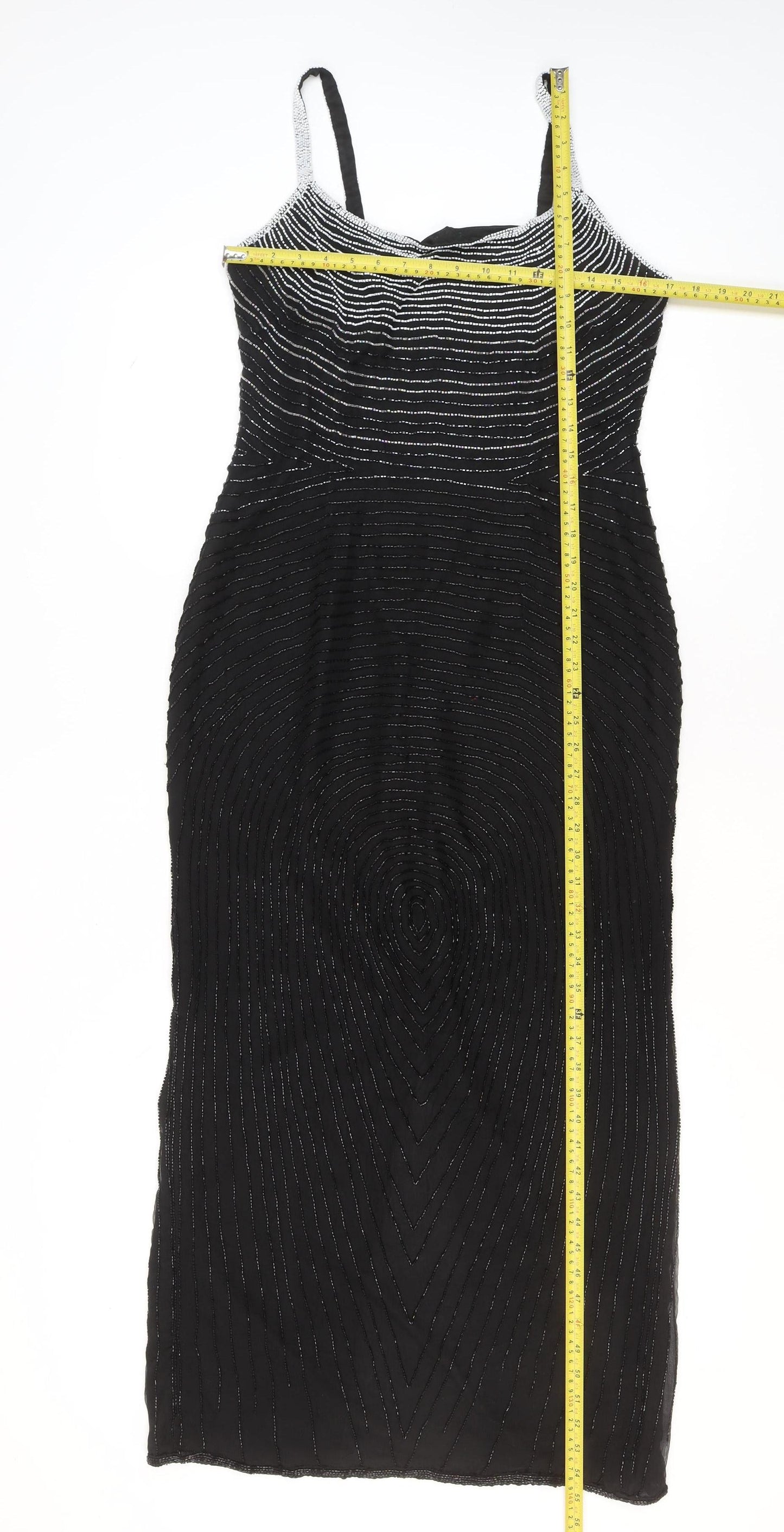 Roots Womens Black Beaded Bodycon Midi Dress Size 10 Elegant Cocktail