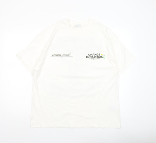 Bershka Womens White L T-Shirt Short Sleeve Cotton Nature Print