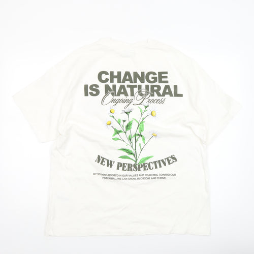 Bershka Womens White L T-Shirt Short Sleeve Cotton Nature Print