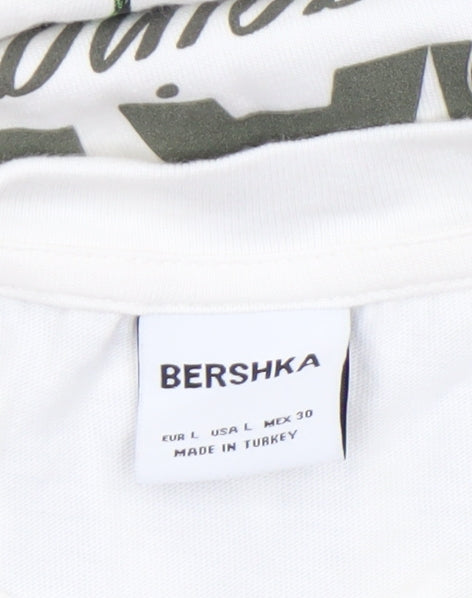 Bershka Womens White L T-Shirt Short Sleeve Cotton Nature Print