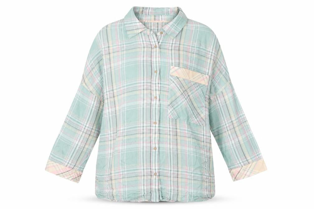 Front view of Dunnes women’s green check nightshirt, size UK 12-14, viscose collared