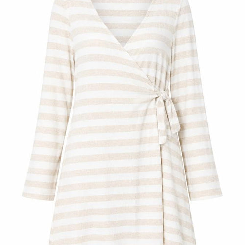 Boohoo Women’s Beige Striped V-Neck Belted Knit Wrap Dress Size 16