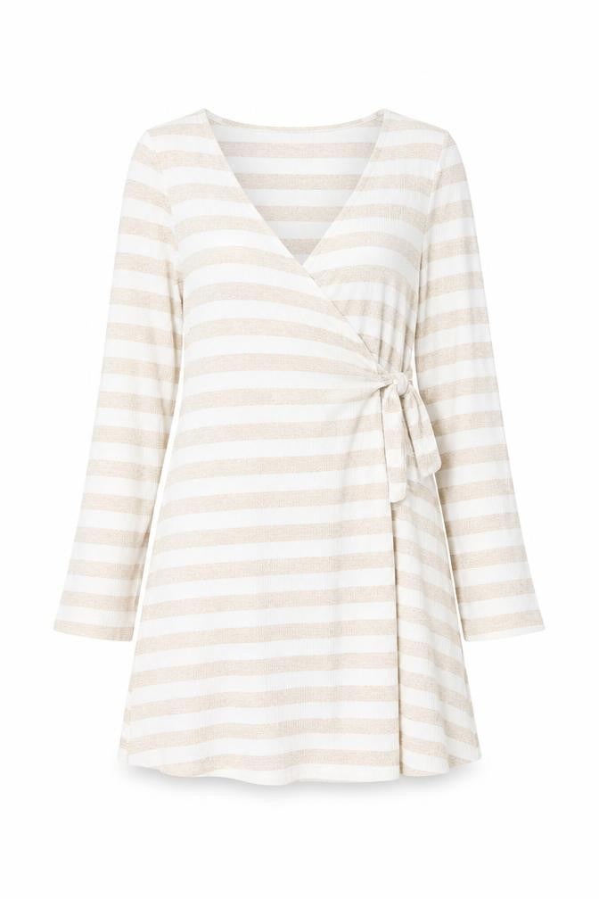 Boohoo Women’s Beige Striped V-Neck Belted Knit Wrap Dress Size 16