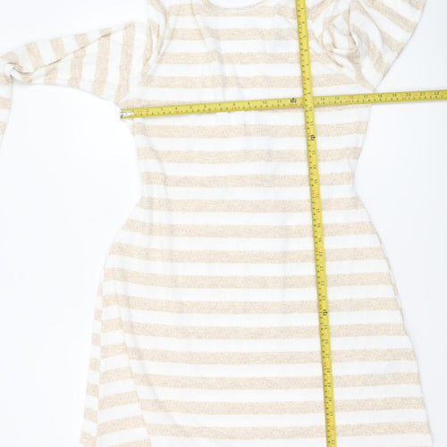 Boohoo Women’s Beige Striped V-Neck Belted Knit Wrap Dress Size 16