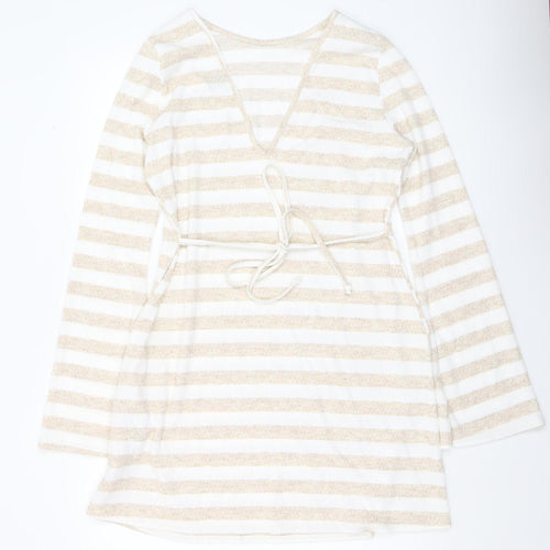 Boohoo Women’s Beige Striped V-Neck Belted Knit Wrap Dress Size 16