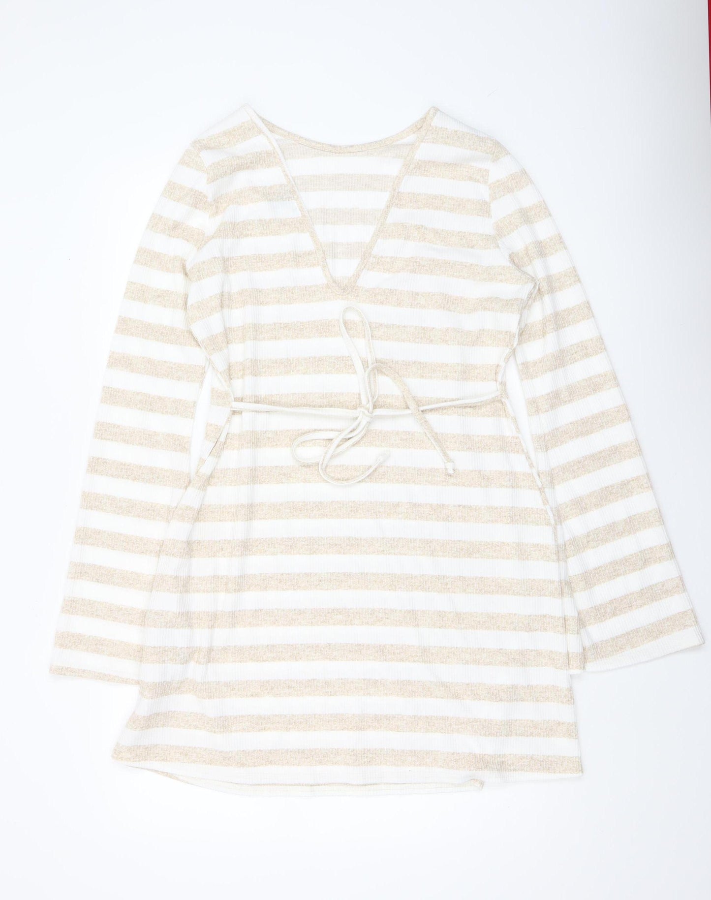 Boohoo Women’s Beige Striped V-Neck Belted Knit Wrap Dress Size 16