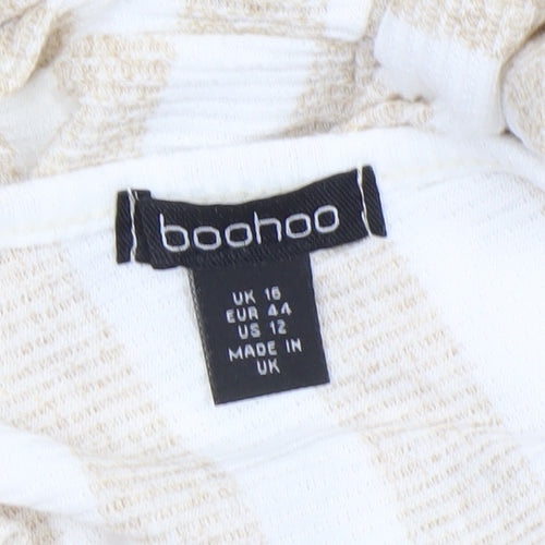Boohoo Women’s Beige Striped V-Neck Belted Knit Wrap Dress Size 16
