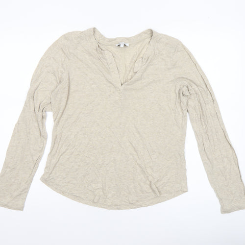 Reiss Women’s Beige Long Sleeve V-Neck Cotton Jersey T-Shirt Size L