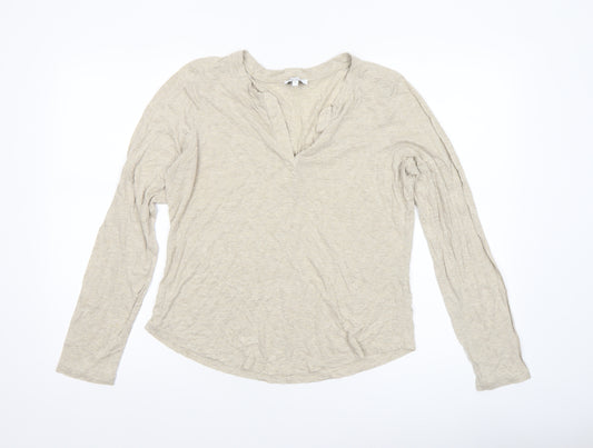 Reiss Women’s Beige Long Sleeve V-Neck Cotton Jersey T-Shirt Size L