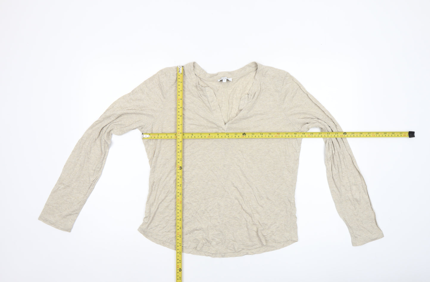 Reiss Women’s Beige Long Sleeve V-Neck Cotton Jersey T-Shirt Size L