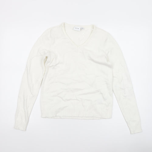 VILA Womens Ivory V-Neck Knit Jumper Size 2XS