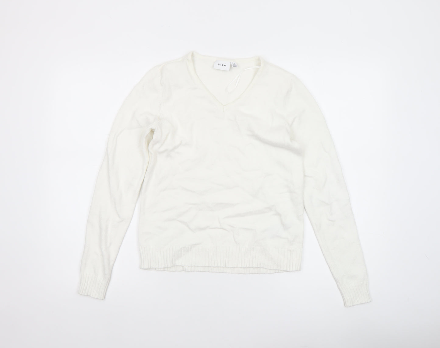 VILA Womens Ivory V-Neck Knit Jumper Size 2XS