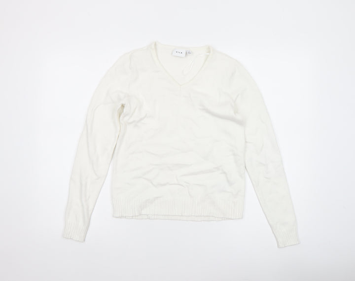 VILA Womens Ivory V-Neck Knit Jumper Size 2XS