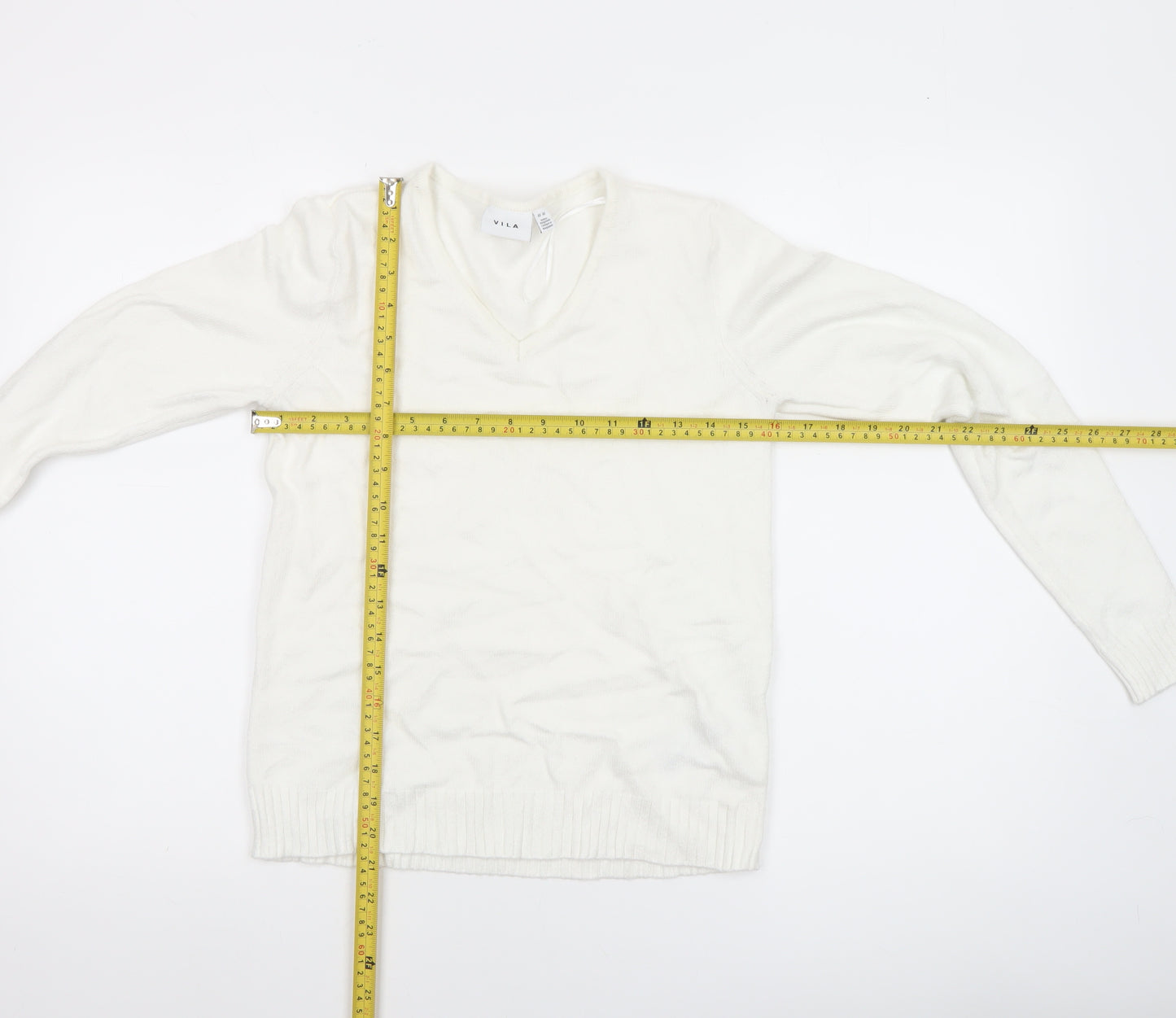 VILA Womens Ivory V-Neck Knit Jumper Size 2XS