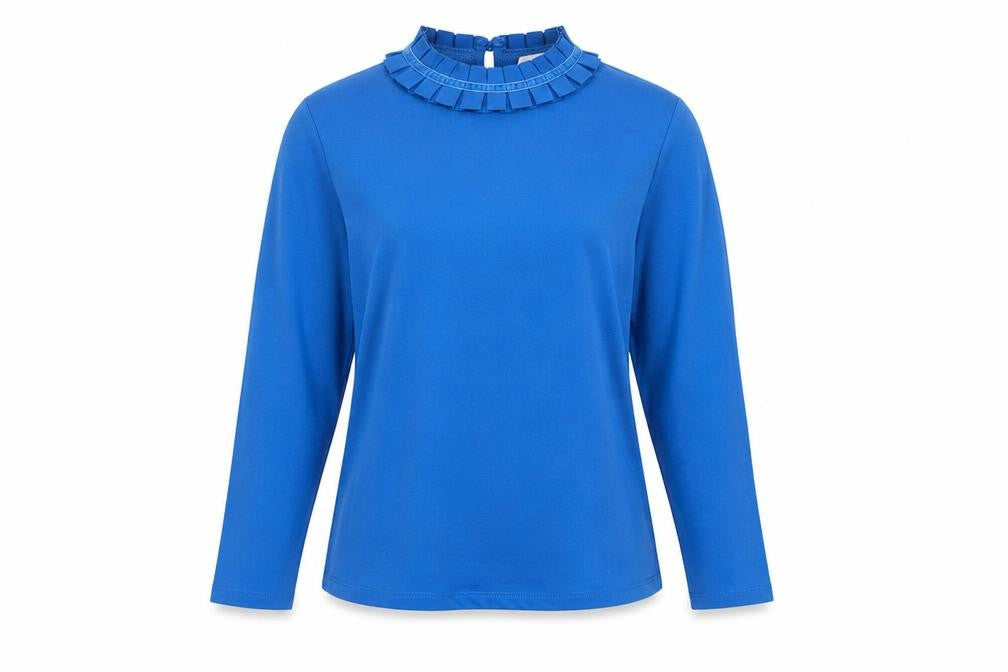 Front view of Savida Women's Blue Ruffle High Neck Long Sleeve Blouse, size 12