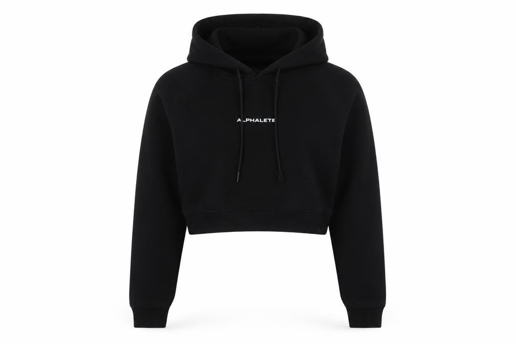 Front view of Alphalete Women's Black Crop Hoodie Small Cotton Blend Pullover