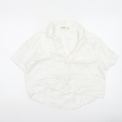 Pull&Bear Womens White Cotton Eyelet Cropped Blouse Size 12