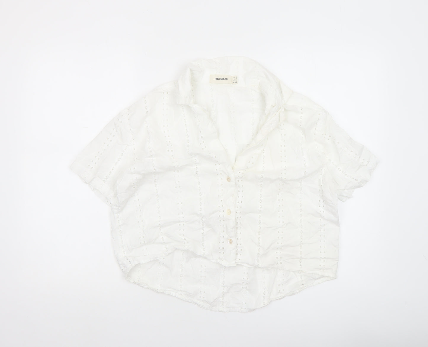 Pull&Bear Womens White Cotton Eyelet Cropped Blouse Size 12