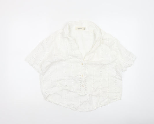 Pull&Bear Womens White Cotton Eyelet Cropped Blouse Size 12