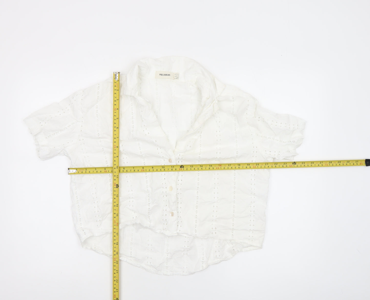 Pull&Bear Womens White Cotton Eyelet Cropped Blouse Size 12