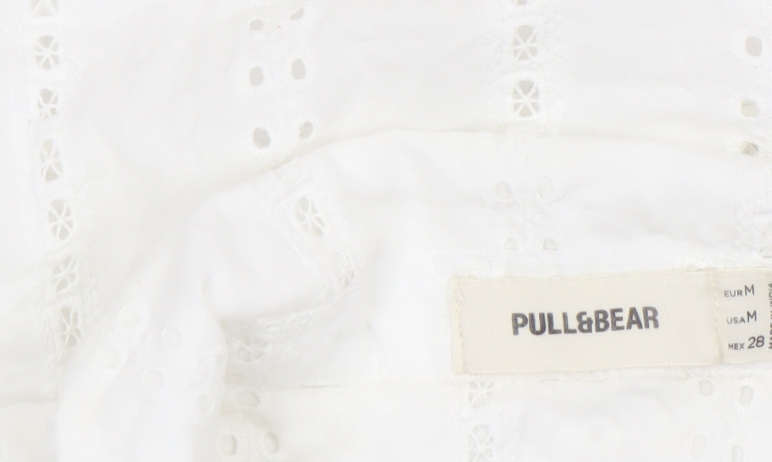 Pull&Bear Womens White Cotton Eyelet Cropped Blouse Size 12