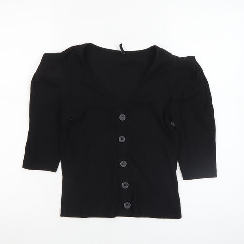 ONLY Womens Black XS V-Neck Button-Up Puff Sleeve Top