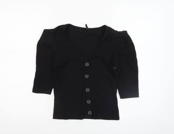 ONLY Womens Black XS V-Neck Button-Up Puff Sleeve Top