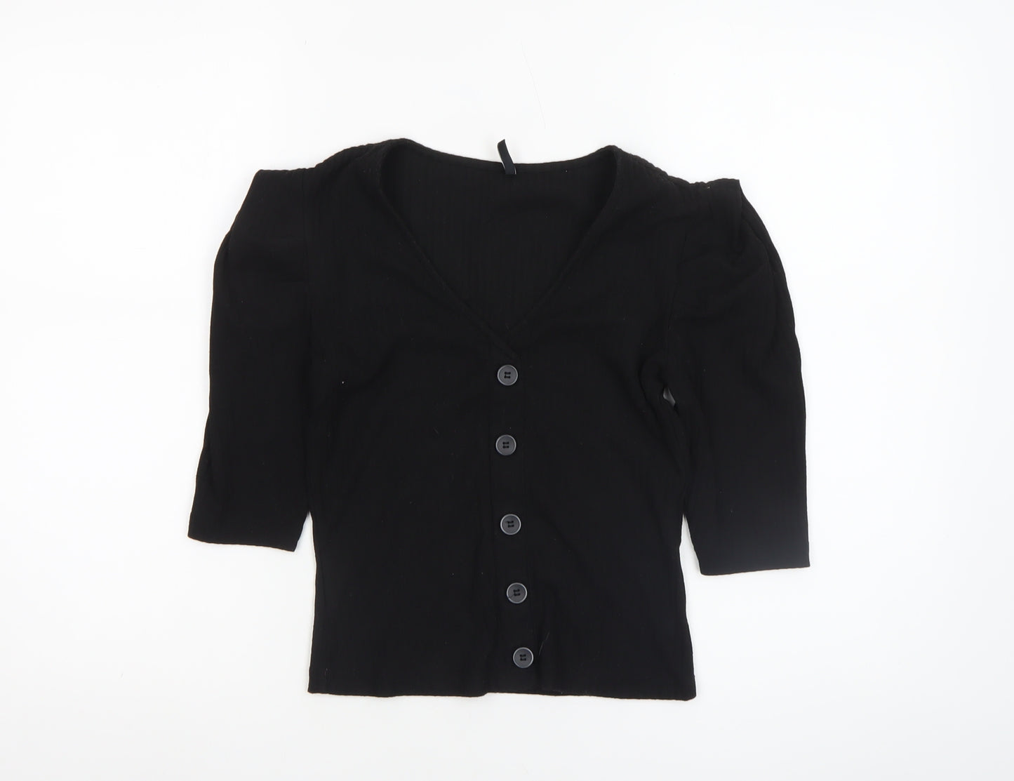 ONLY Womens Black XS V-Neck Button-Up Puff Sleeve Top