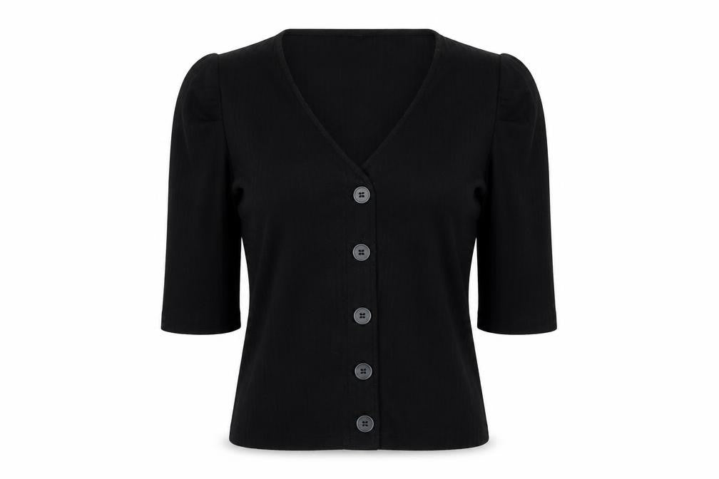Front view of Only women’s black xs v-neck button-up puff sleeve top