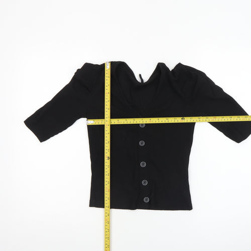 ONLY Womens Black XS V-Neck Button-Up Puff Sleeve Top