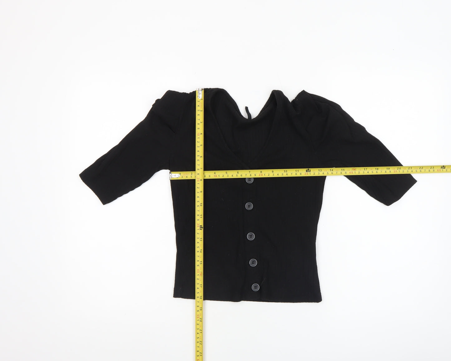 ONLY Womens Black XS V-Neck Button-Up Puff Sleeve Top