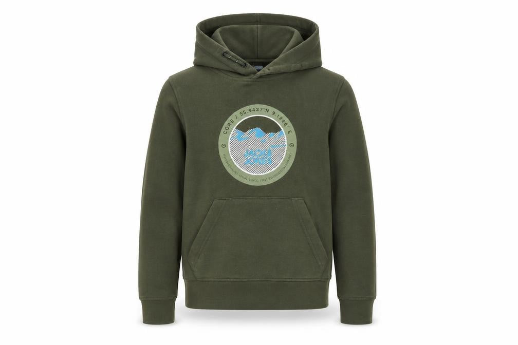 Front view of Jack & Jones boys’ green pullover hoodie, size 140, cotton blend casual