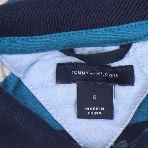 Tommy Hilfiger Boys Blue Striped Long Sleeve Polo Shirt Size 6 Cotton