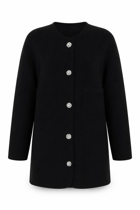 Front view of Adrienne Vittadini Women's Black Wool Cardigan L Classic Long Sleeve