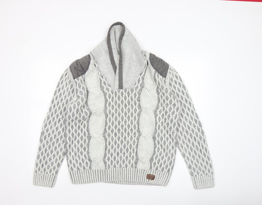 Cipo & Baxx Men's Grey Cable-Knit Roll Neck Jumper Size L