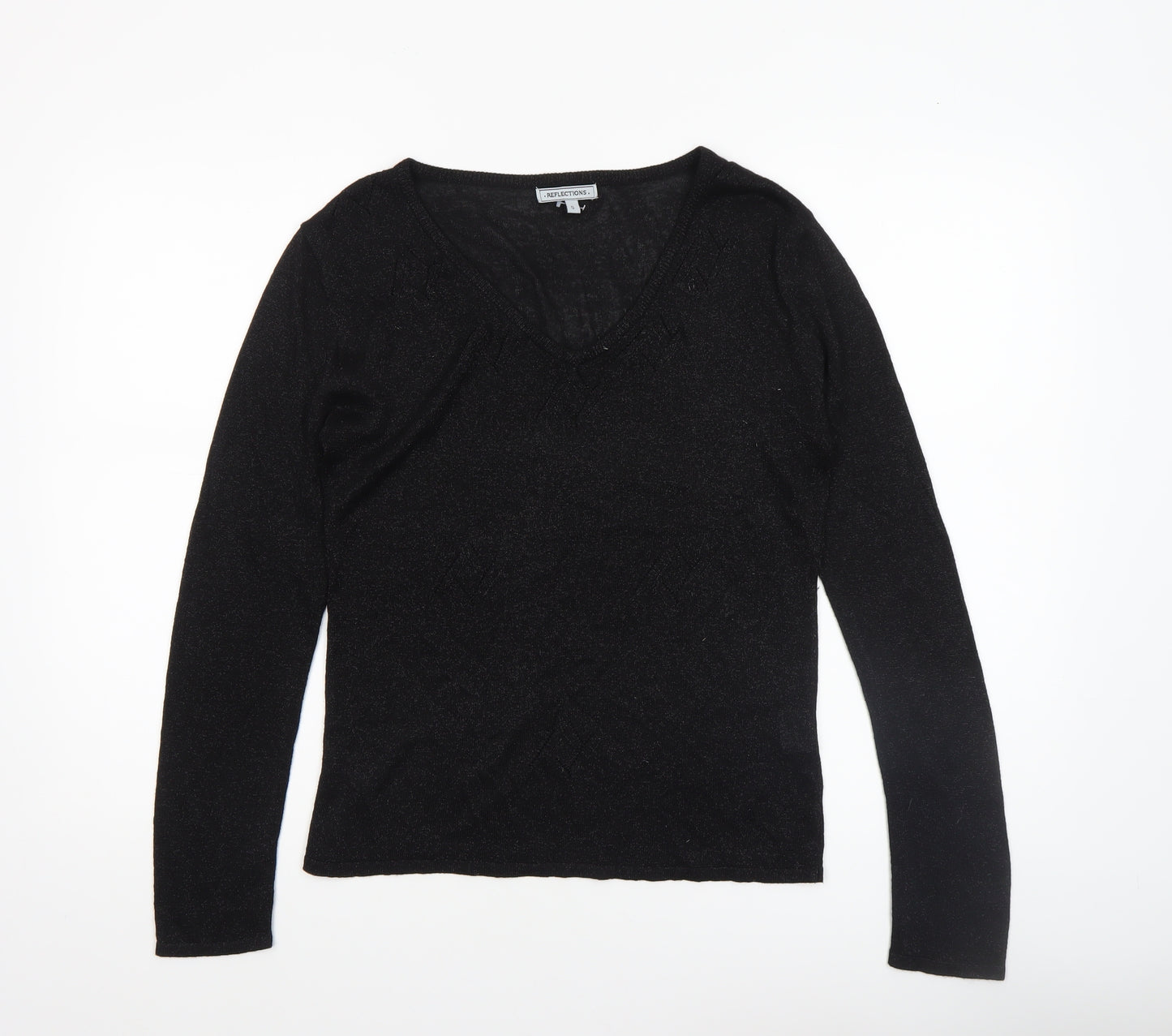 Reflections Womens Black V-Neck Long Sleeve Pullover Jumper Size S