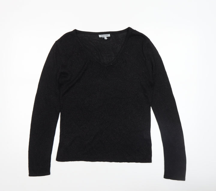Reflections Womens Black V-Neck Long Sleeve Pullover Jumper Size S