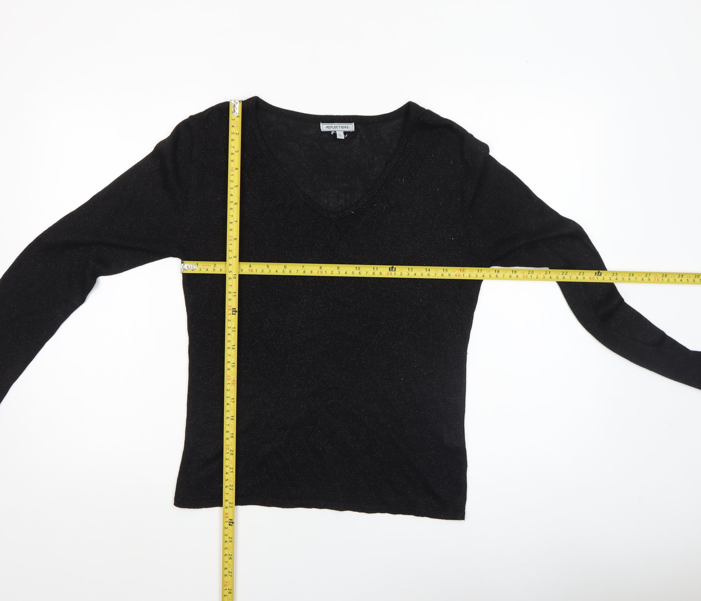Reflections Womens Black V-Neck Long Sleeve Pullover Jumper Size S