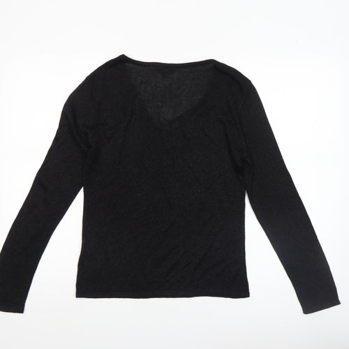 Reflections Womens Black V-Neck Long Sleeve Pullover Jumper Size S